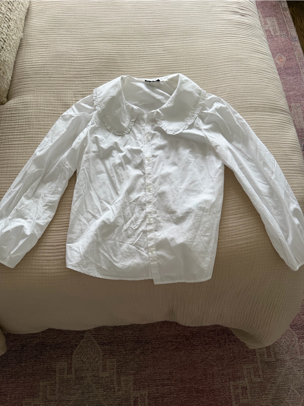 J. Crew White Long-Sleeve Blouse with Ruffled Peter Pan Collar